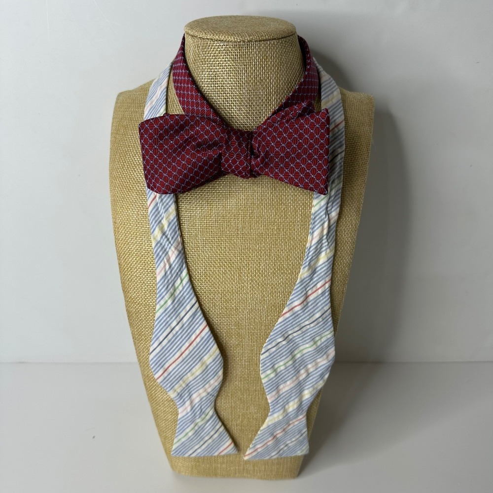 2 Brooks Brothers Bow Ties‎ Red Blue Stripe Silk Cotton Adjustable Preppy Spring